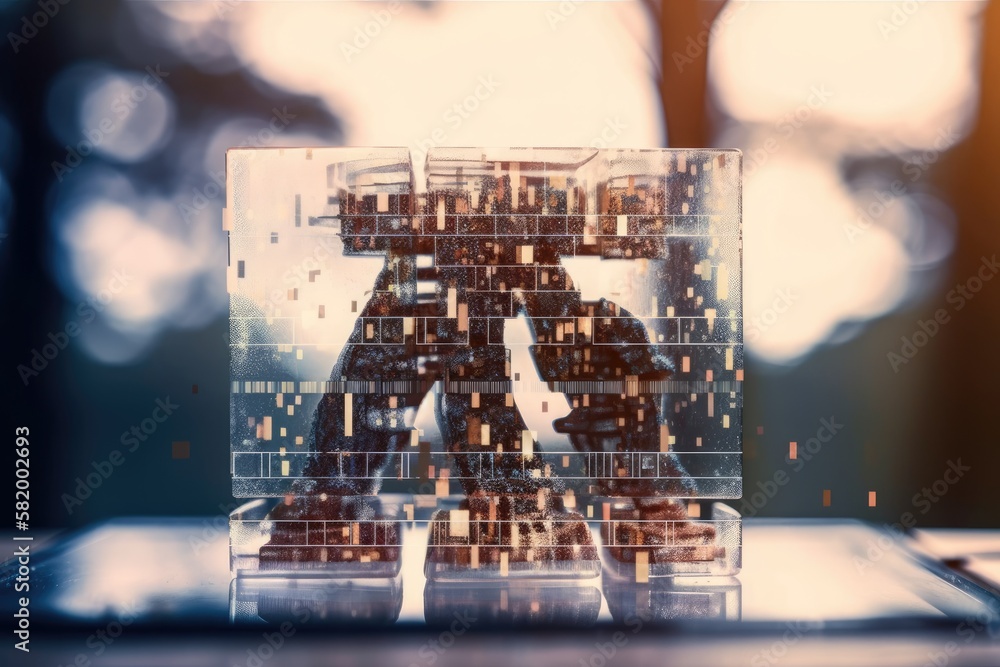 Poster creative artificial intelligence acronym in double exposure with a computer in the background. conce
