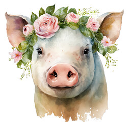 Watercolor Pig Flower Wreath Isolated White Background, AI Generated