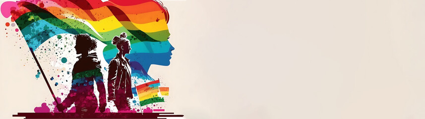 Obraz na płótnie Canvas Illustration of Silhouette of women collab with rainbow color art and gray pride flag, for banner, card, template, wallpaper, generative ai