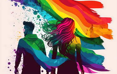 Fototapeta premium Illustration of Silhouette of man and woman collab with rainbow color art for wallpaper, generative ai