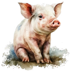 Watercolor Pig Isolated White Background, AI Generated