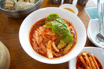 Korean Kimchi noodles, Spicy noodles.
