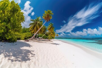 background of a vast paradise beach with coco palms. Generative AI