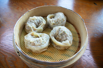 Close up of Korean steamed dumplings.