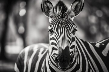 Fototapeta na wymiar Black and white portrait of a zebra. Unusual animal turning its head toward the camera. inquisitive animal exchanging signals. large nose a cute and oddly shaped zebra eyes in focus with a narrow dept
