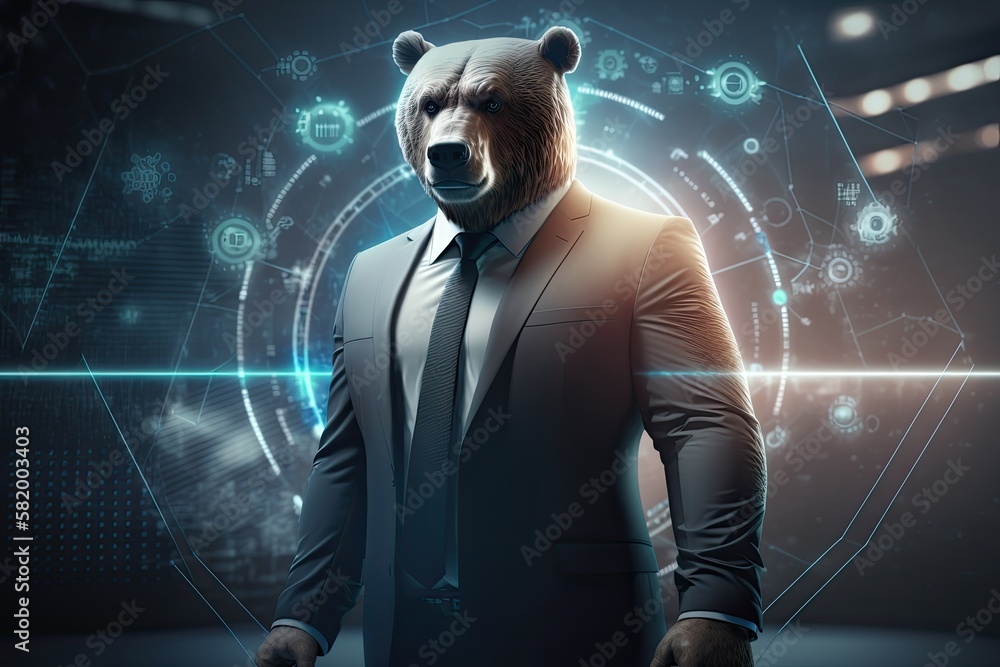 Poster bear face businessperson with suit and tie standing digital data analytics technology internet virtu