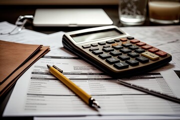 Income tax return calculation, business accounting paperwork finance concept. Generative ai.