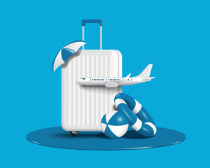 white suitcase or suitcase placed on water and on top of it is an umbrella there is  plane in front and there was inflatable ball and  blue lifebuoy placed next to it - obrazy, fototapety, plakaty
