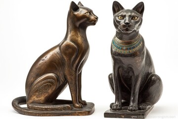 A facsimile of the Egyptian cat goddess Bastet is displayed alongside a real European tabby cat for comparison on a white background in a studio. Generative AI