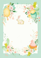 Light teal and yellow Easter card design with cute bunny — Generative AI