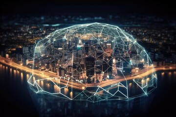 artificial intelligence's polygonal brain with many smart city icons Technology of the Internet of Things versus cryptocurrencies Trading screen for the bitcoin exchange, business IOT concept, and AI