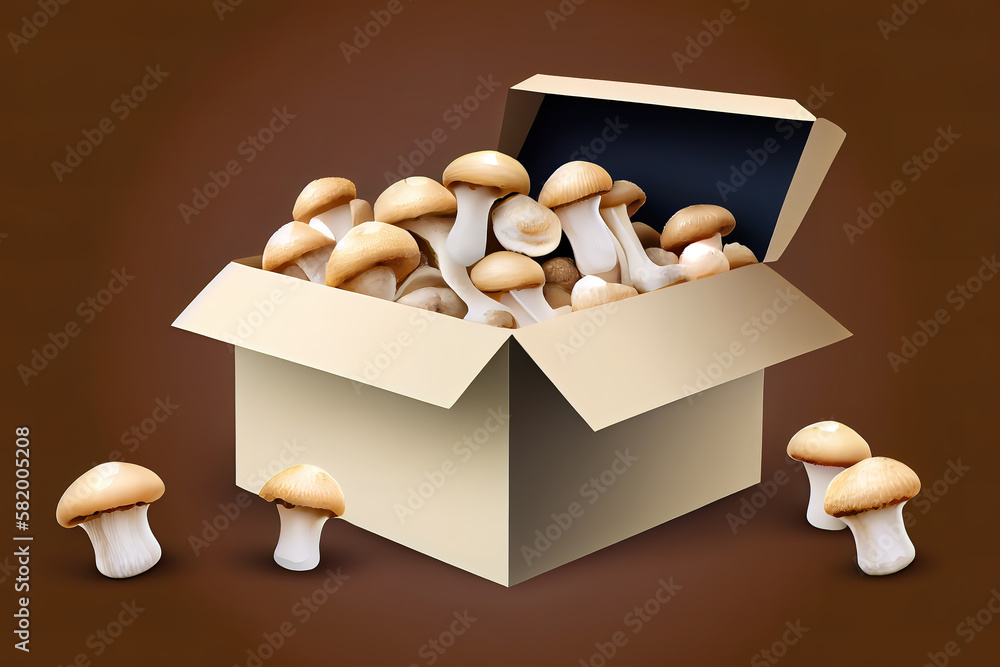 Poster stack of mushrooms in box. generative ai