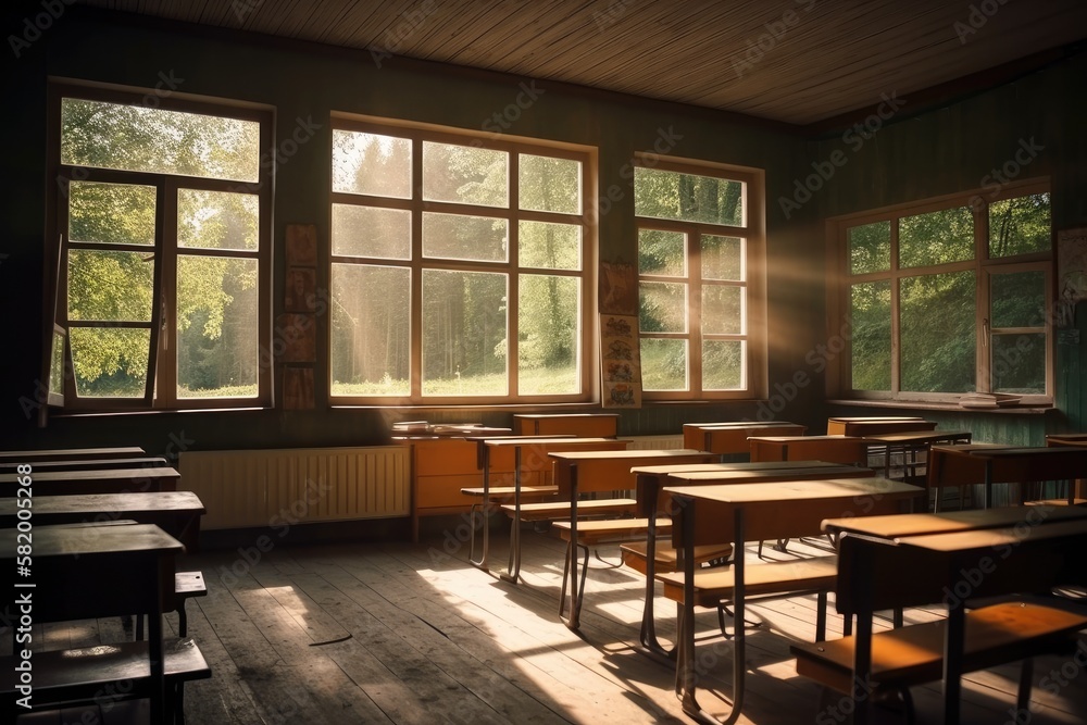Poster classroom with nature view. generative ai