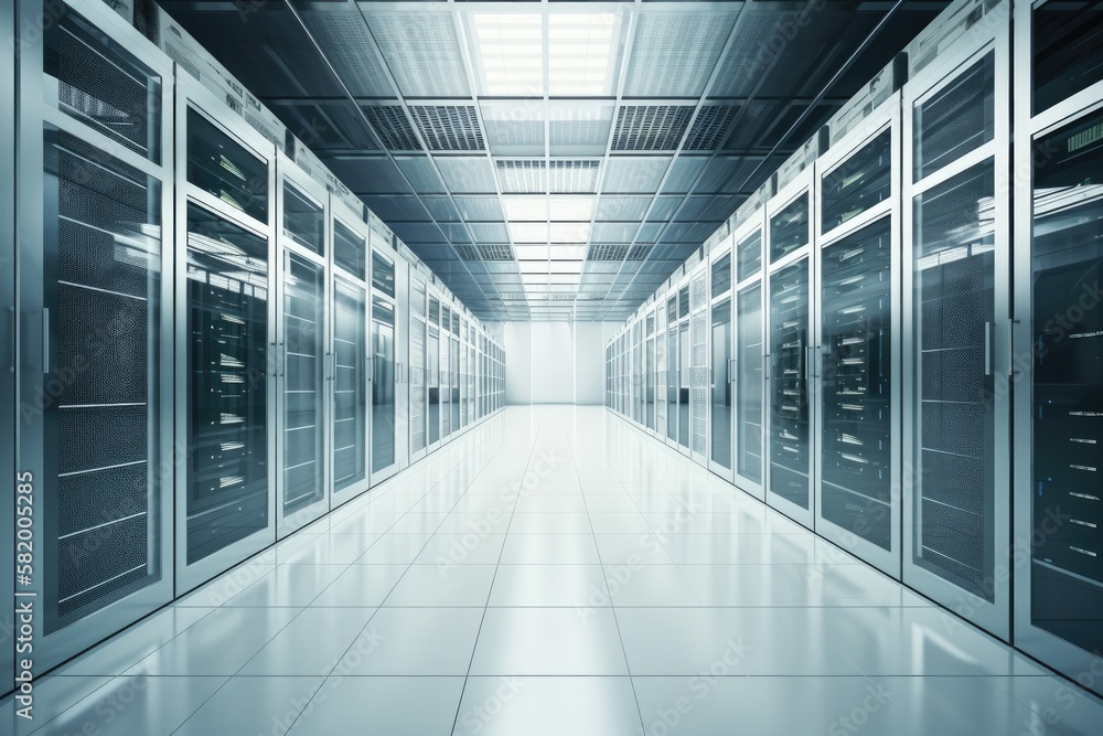 Poster an illustration of a modern, high tech data center with rows of racks holding server and network com