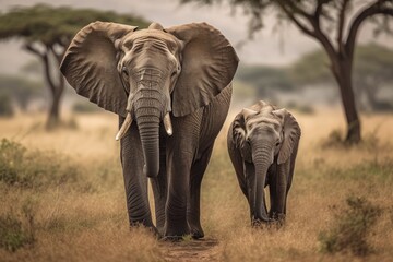 Fototapeta na wymiar Elephant and her young strolling through tanzania and kenya. Generative AI