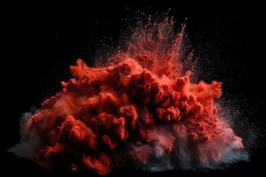An eruption of red dust particles over black that looks like snow or a pyrotechnic display. An explosion of color in close up, isolated on black. Generative AI