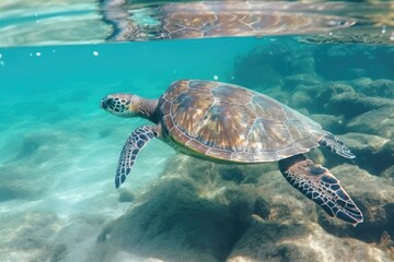 an eye catching sea turtle swimming in the clear water. pictures taken while snorkeling with a turtle. Animals that live in water. diving with marine creatures. Generative AI