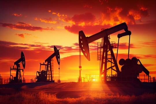 Oil pumps in a field at sunset with the sun setting behind them, Generative AI