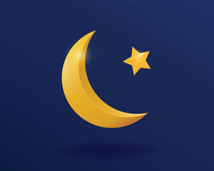Fototapeta na wymiar Crescent moon and star vector illustration, golden moon and star on dark blue night sky