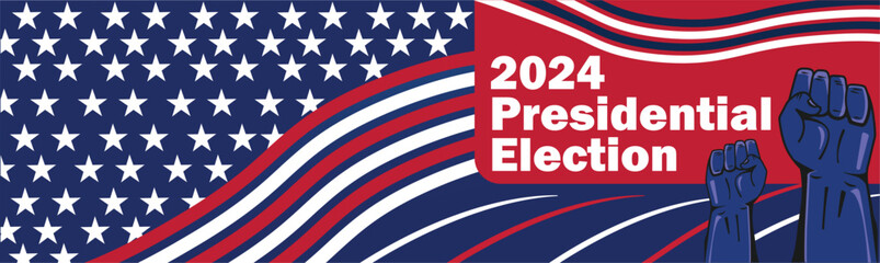 2024 United States presidential election horizontal banner design background with United States flag theme elements such as red and white stripes, stars and blue background and typography.