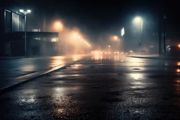Foto op Aluminium a searchlight, smoke, neon lights reflected in wet asphalt. Dark, desolate roadway with smoke and pollution, with abstract light. Dark background image with a nighttime cityscape and deserted street © AkuAku