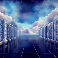 a datacenter ending with clouds and a sky filled with clouds above. digital sky - generative AI