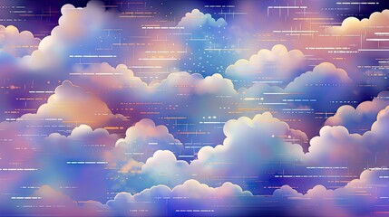 a very colorful sky with clouds, network, data and stars in it.