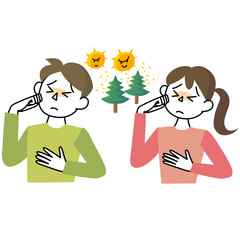 花粉症で目がかゆくて悩む男性と女性の上半身