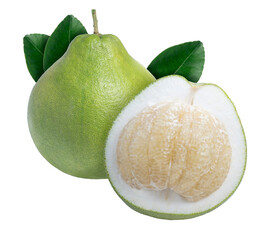 Pomelo Fruit with leaf or shaddock, Bali lemon, or Chinese grapefruit on white background PNG file.