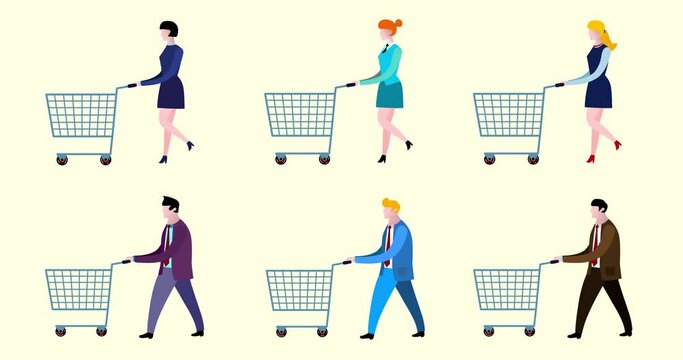 Cartoon men and women market shopping trolleys isolated. Business cartoon animations serie. Alpha channel, seamless loop.
