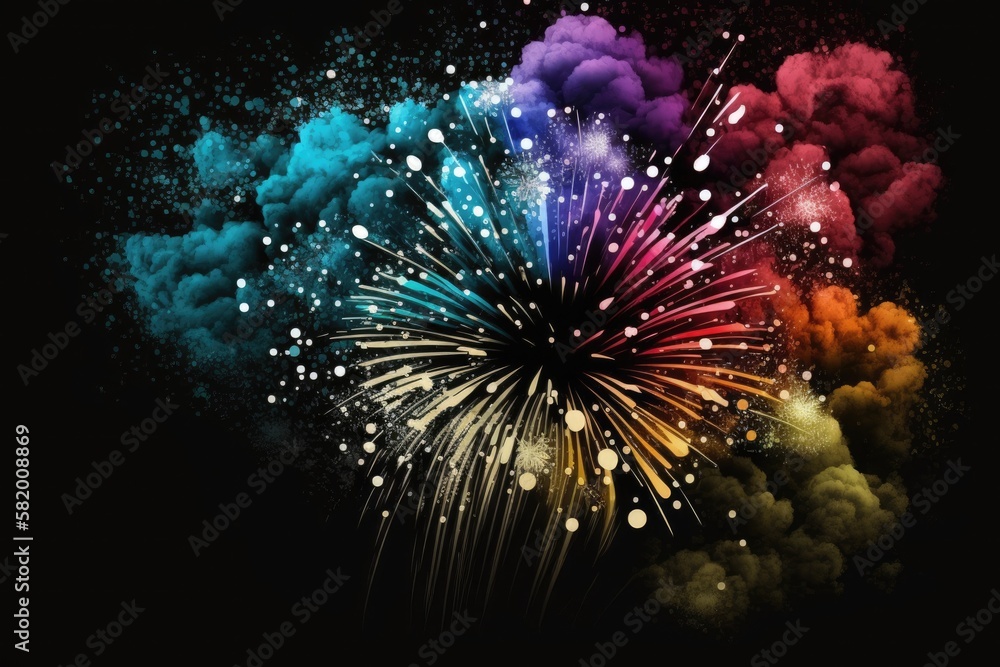 Poster colorful fireworks bursting against a dark background. Generative AI