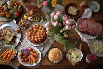 Fototapeta na wymiar Easter meal staple ham. Table scene from above with a white wood banner background. Eggs, hot cross buns, carrot cake, scalloped potatoes, ham, and vegetables. Generative AI