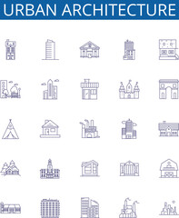 Urban architecture line icons signs set. Design collection of Urbanity, Architecture, Buildings, Skyscrapers, Townhouses, High rises, Cities, Yards outline concept vector illustrations