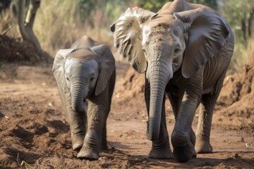 Fototapeta na wymiar a baby elephant next to an adult elephant. Generative AI