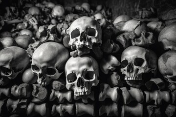 a large number of black and white human skulls and bones. Generative AI