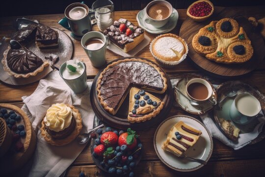 Coffee, pastries, tarts, and cakes on a wooden table top in a vintage photographic style with a chosen focus. Generative AI