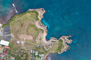 Aerial view coastal landscape of Devil’s tears on Nusa Lembongan, one of natural landmarks close to Bali, Indonesia.