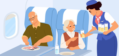 Vector flight attendant serving elderly couple on plane