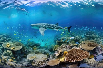 Background panorama of a stunning coral reef filled with tropical fish. Here were whale sharks, hammerhead sharks, zebra sharks, and sea turtles. Generative AI