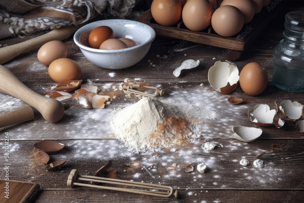 Poster a background of a white table with eggs and flour. fundamental knowledge of baking. generative ai