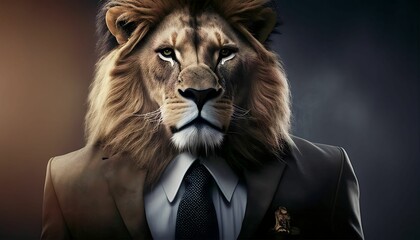 Portrait of A Lion in a Business Suit Roaring Success, AI generated