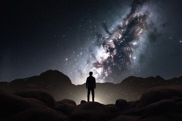 Fototapeta premium A man stands watching with wonder and amazement as the moon and milky way galaxy fill the night sky. Night time landscape. Photo composite. Generative AI