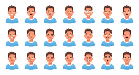 Set of different emotions of a cute white child. Smile, happiness, anger, joy, surprise, fear, etc. Facial expression of handsome boy in blue t-shirt.