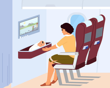 Woman aircraft passenger with baby vector illustration