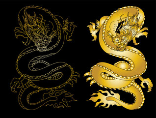 Obraz premium Traditional Japanese dragon with cherry blossom and wave for tattoo design.Hand drawn Chinese dragon for printing on shirt.Beautiful line art of dragon vector for painting on white isolated background