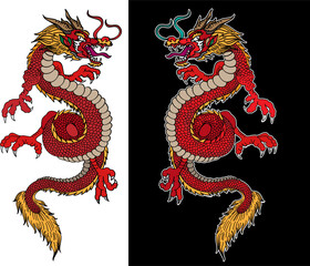 Traditional Japanese dragon with cherry blossom and wave for tattoo design.Hand drawn Chinese dragon for printing on shirt.Beautiful line art of dragon vector for painting on white isolated background
