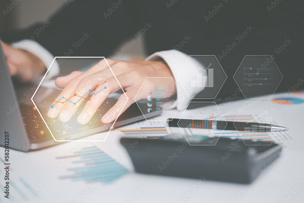 Poster businessman reading graph report and business statistics charts ,analysis and improvement of corpora