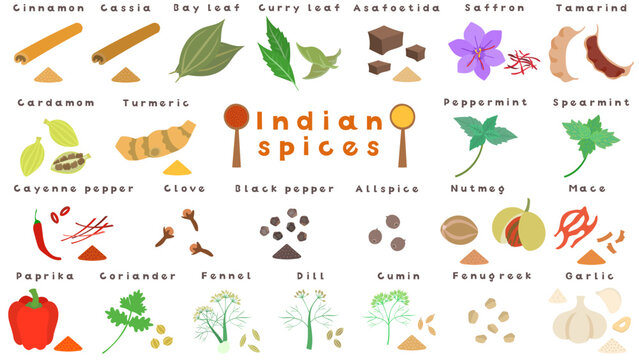 インドのスパイス。フラットなベクターイラストセット。
Indian spices. Flat designed vector illustration set.