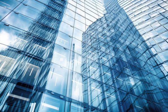 Abstract business modern metropolis urban futuristic architecture background, motion blur, high rise skyscraper facade reflection in glass, and toned blue image with bokeh. a real estate idea