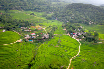 Panoramic view of beautiful green terraces of Pu Luong commune, Thanh Hoa province, Vietnam